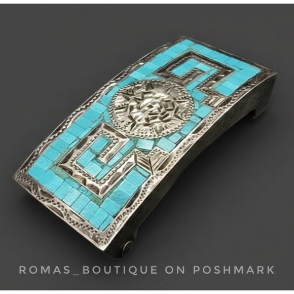 vintage Mexican sterling silver belt buckle with a turquoise chip inlay